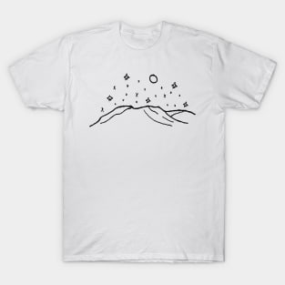 Mountains with Stars and Full Moon Drawing T-Shirt